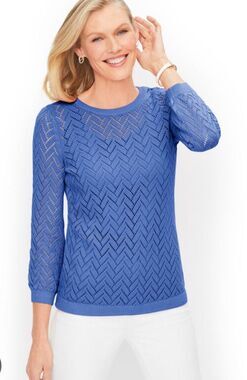 Talbots cotton/linen blend open knit Pointelle crewneck sweater in blue - XLP